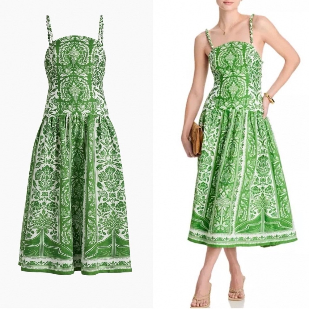 Farm Rio Linen Midi Dress Womens XL Delicate Tapestry Green Back Cutout NEW - Picture 1 of 6